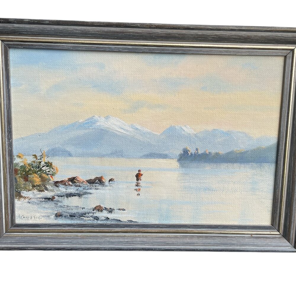 Lake Taupo New Zealand Fisherman Lake Mountains Original Oil Canvas A Christe